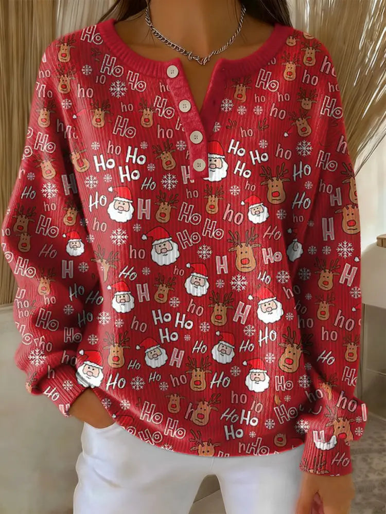 Women’s Retro Christmas HOHO Art Print Long-sleeve Sweater Red / S