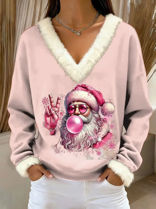 Women’s Retro Christmas Santa Claus Blowing Bubbles Loose Long Sleeved Fur-Trimmed Sweater Pink / S