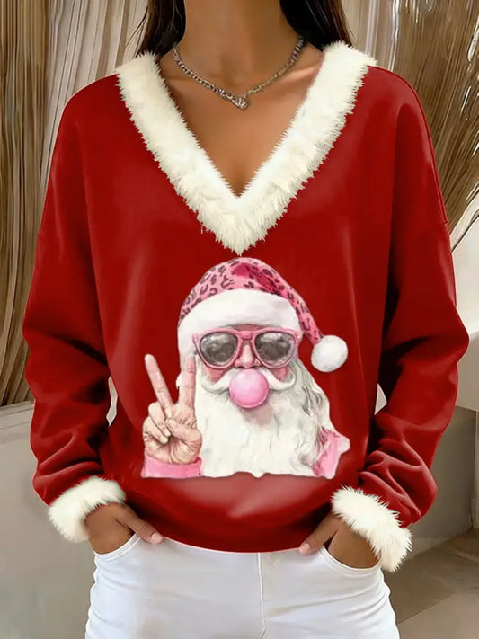Women’s Retro Christmas Santa Claus Blowing Bubbles Loose Long Sleeved Fur-Trimmed Sweater Red / S