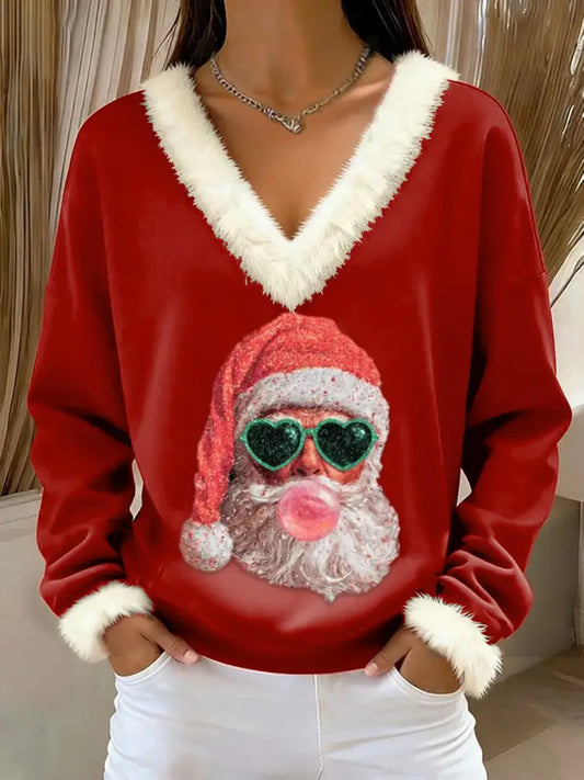 Women’s Retro Christmas Santa Claus Blowing Bubbles Loose Long Sleeved Fur-Trimmed Sweater Red / S