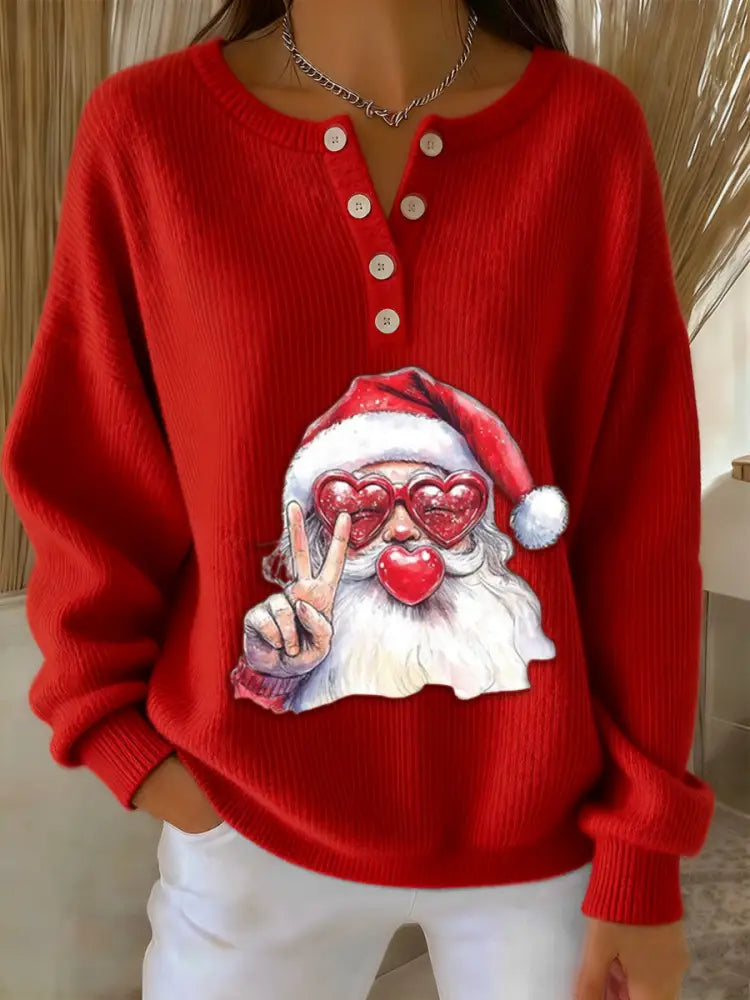 Women’s Retro Christmas Santa Claus blowing bubbles Print Long-sleeve Sweater Red / S