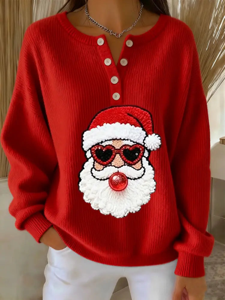 Women’s Retro Christmas Santa Claus blowing bubbles Print Long-sleeve Sweater Red / S