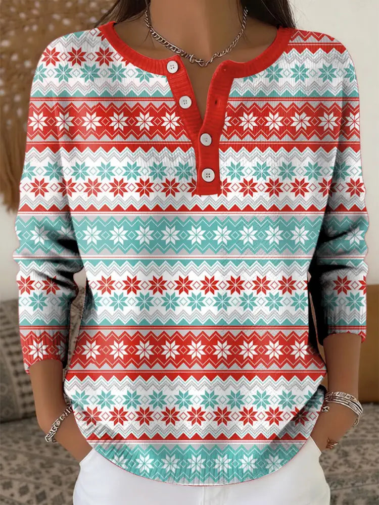 Women’s Retro Christmas Snowflake Stripe Art Print Long-sleeve Sweater As picture / S