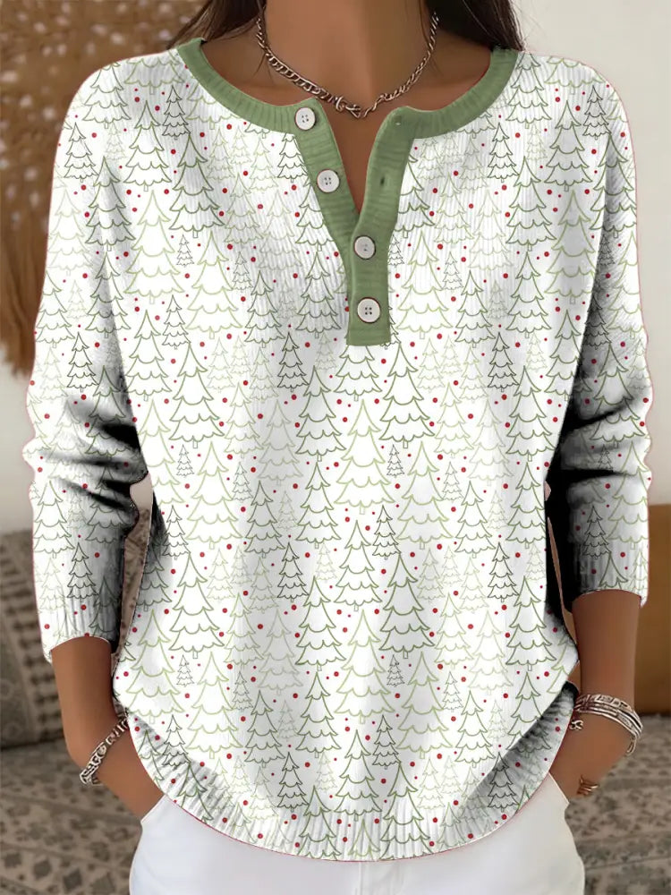 Women’s Retro Christmas Tree Art Print Long-sleeve Sweater White / S