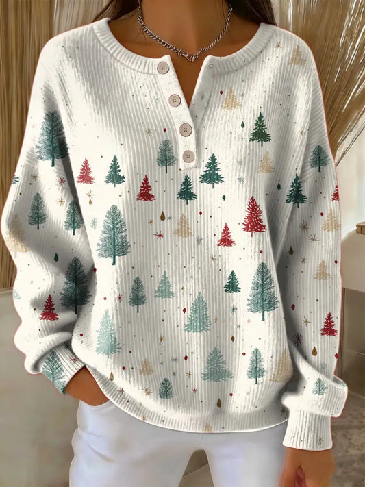 Women’s Retro Christmas Tree Multicoloured Art Print Long-sleeve Sweater Apricot / S