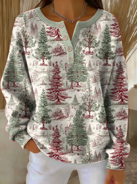 Women’s Retro Christmas Tree Multicoloured Art Print Long-sleeve Sweater Green / S
