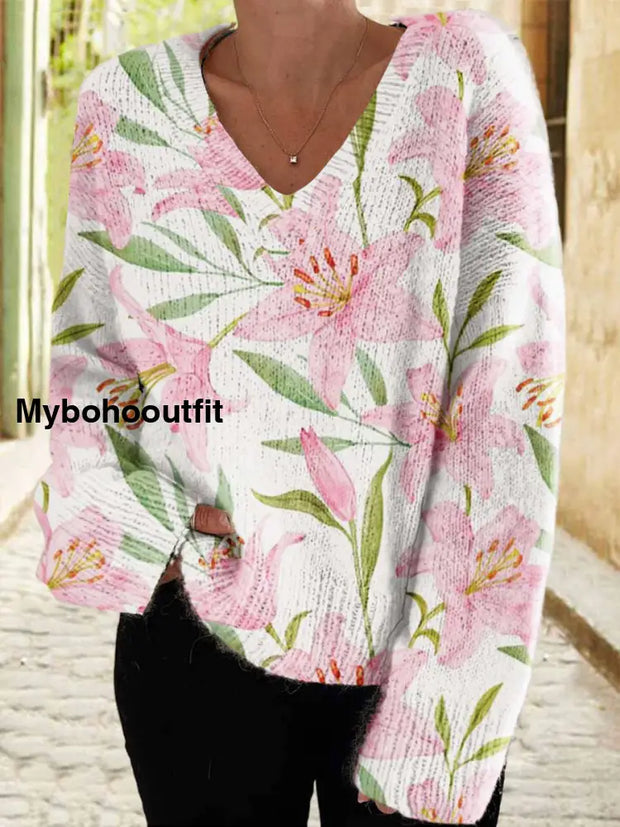 Women’s Retro Elegant Seamless Embroidered Floral Print Chic V-Neck Long-Sleeved Sweater A / S