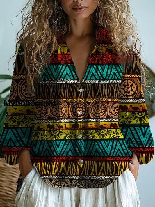 Women’s Retro Ethnic Art Print V-Neck Casual Cotton And Linen Shirt Top A / S