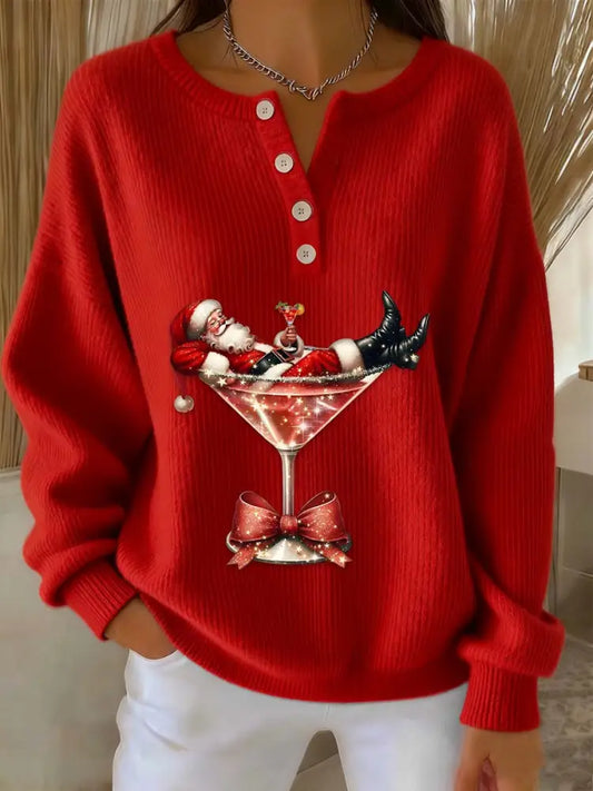 Women’s Retro Faith The Santa Claus Cocktail Print Long-sleeve Sweater Red / S