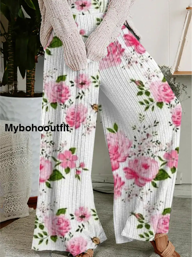 Women’s Retro Floral Art Print Casual Comfortable Wide-Leg Pants A / S