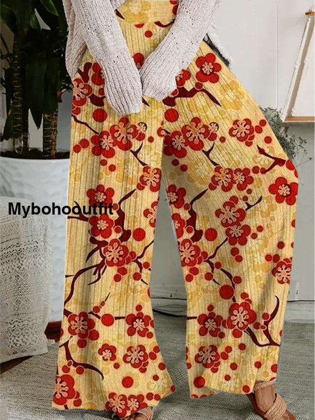 Women’s Retro Floral Art Print Casual Comfortable Wide-Leg Pants A / S