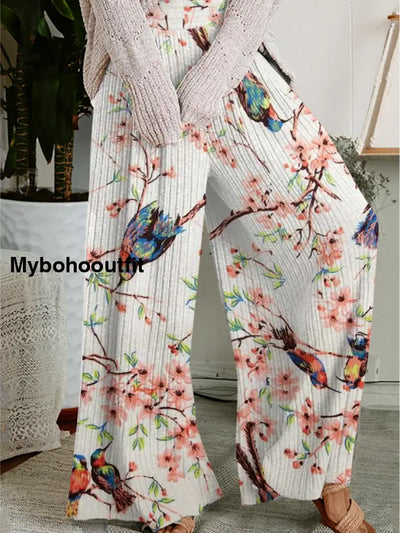 Women’s Retro Floral Art Print Casual Comfortable Wide-Leg Pants A / S