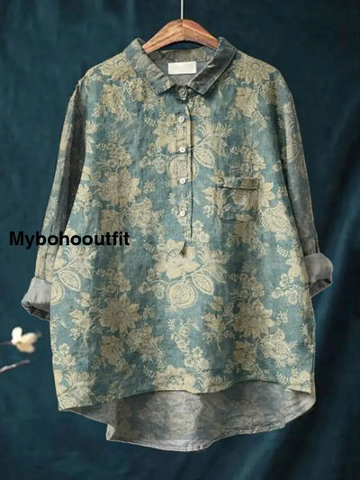 Women’s Retro Floral Art Print Casual Cotton Linen Round Neck Button Pocket Mid-Length Sleeve