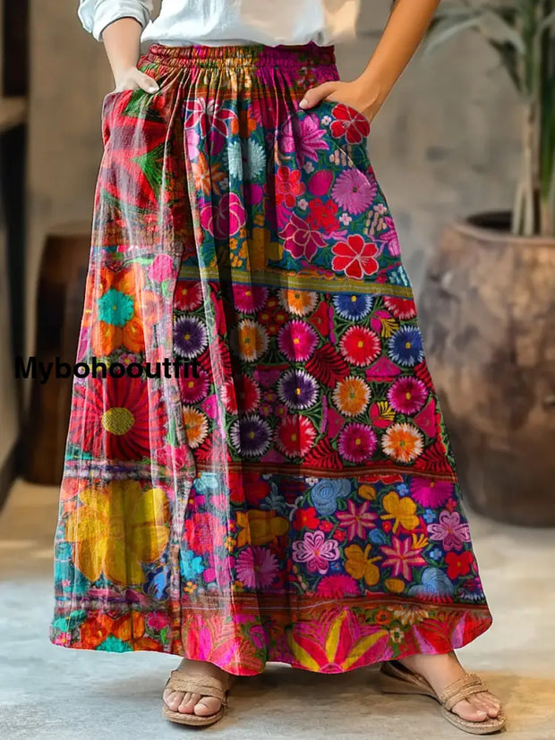 Women’s Retro Floral Art Print Cotton Skirt Multicolor / S