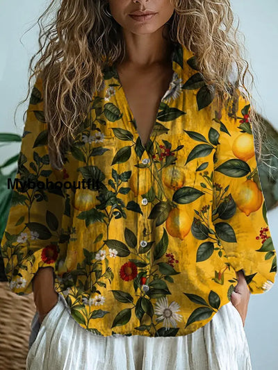 Women’s Retro Floral Art Print V-Neck Casual Cotton And Linen Shirt Top A / S