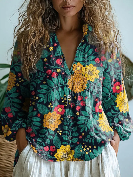 Women’s Retro Floral Art Print V-Neck Casual Cotton And Linen Shirt Top A / S