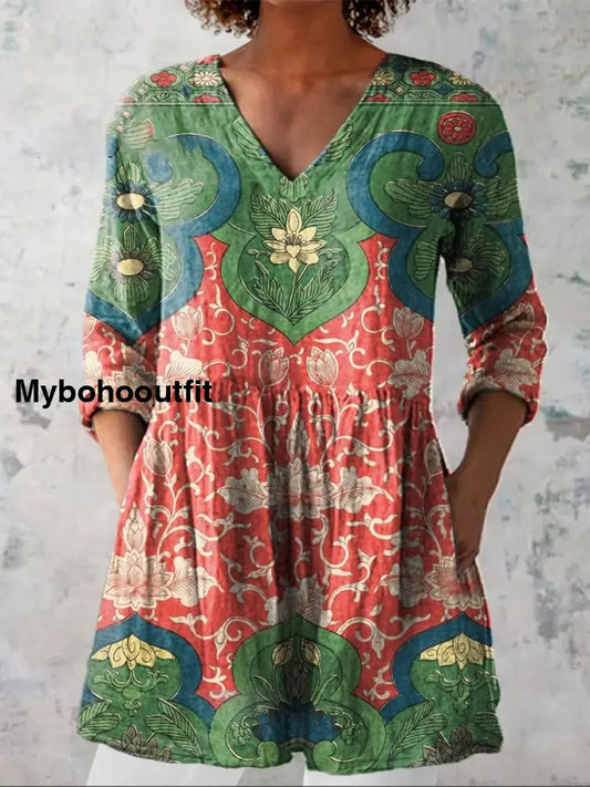 Women’s Retro Geometric Art Flowers Pattern Casual Linen V-Neck Shirt Mulitcolor / S