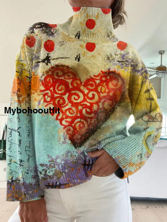 Women’s Retro Heart Art Print Casual Fashion Sweater Pullover A / S