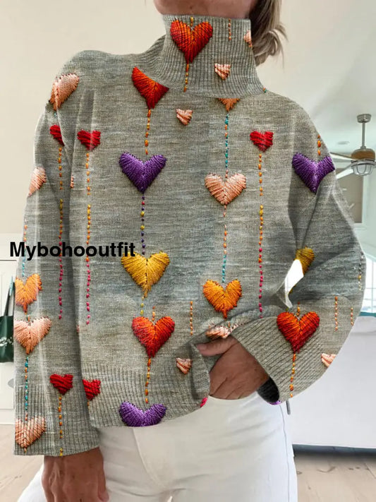 Women’s Retro Heart Art Print Casual Fashion Sweater Pullover A / S