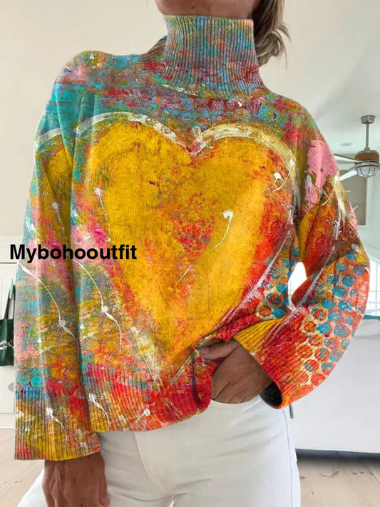 Women’s Retro Heart Art Print Casual Fashion Sweater Pullover A / S