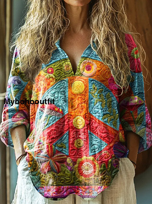Women’s Retro Hippie Art Print V-Neck Casual Cotton And Linen Shirt Top A / S