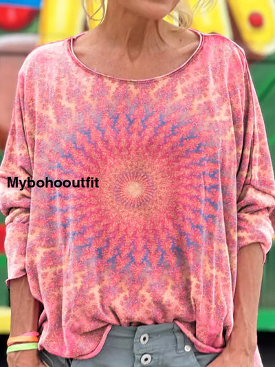 Women’s Retro Hippie Ethnic Art Print Round Neck Long Sleeve Casual Top A / S