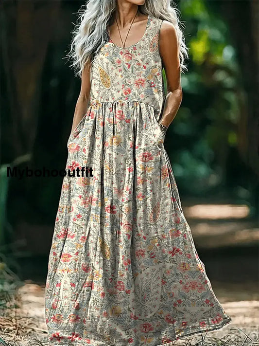 Women’s Retro Paisley Floral Art Print V-Neck Button Pocket Cotton Dress Multicolor / S