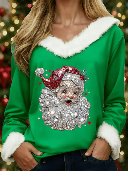 Women’s Santa Claus Print Casual Fur Collar Top Green / S
