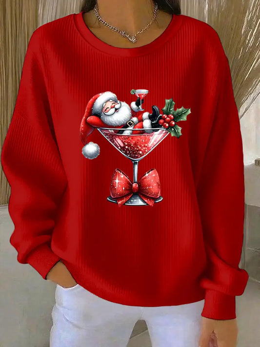 Women’s Santa Claus Printed Ribbed Round-Neck Sweatshirt Red / S