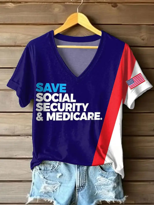 Women’s Save Medicare&Social Security Printed T-shirt Navy Blue / S