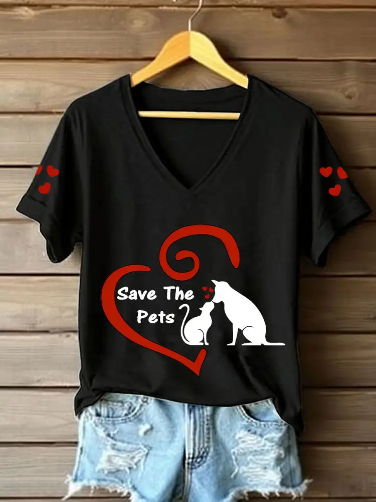 Women’s save the pets V-neck T-shirts Black / S