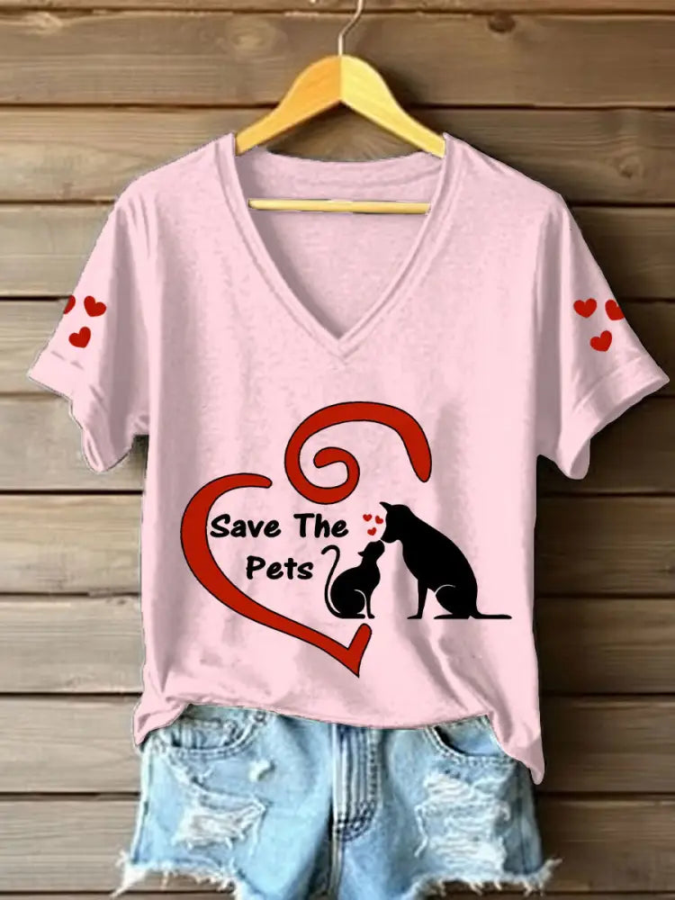 Women’s save the pets V-neck T-shirts Light Pink / S