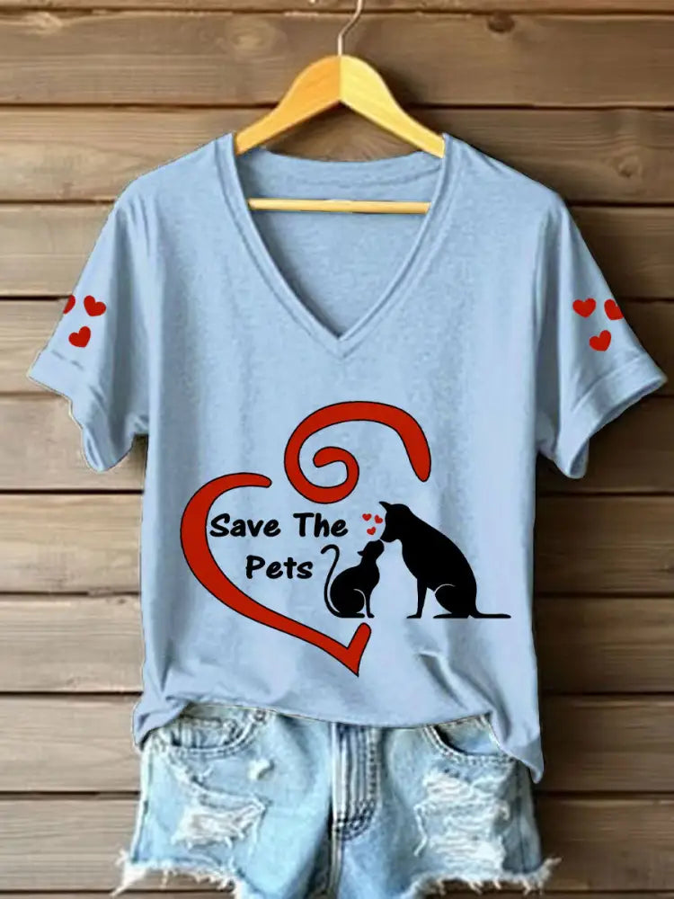 Women’s save the pets V-neck T-shirts Sky Blue / S