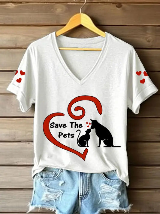 Women’s save the pets V-neck T-shirts White / S