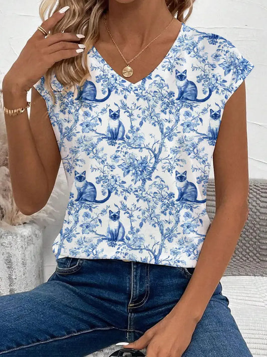Women’s Siamese Cat Print Casual T-Shirt Blue / S