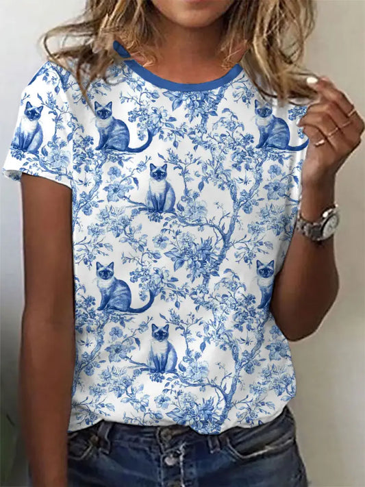 Women’s Siamese Cat Print Casual T-Shirt Blue / S