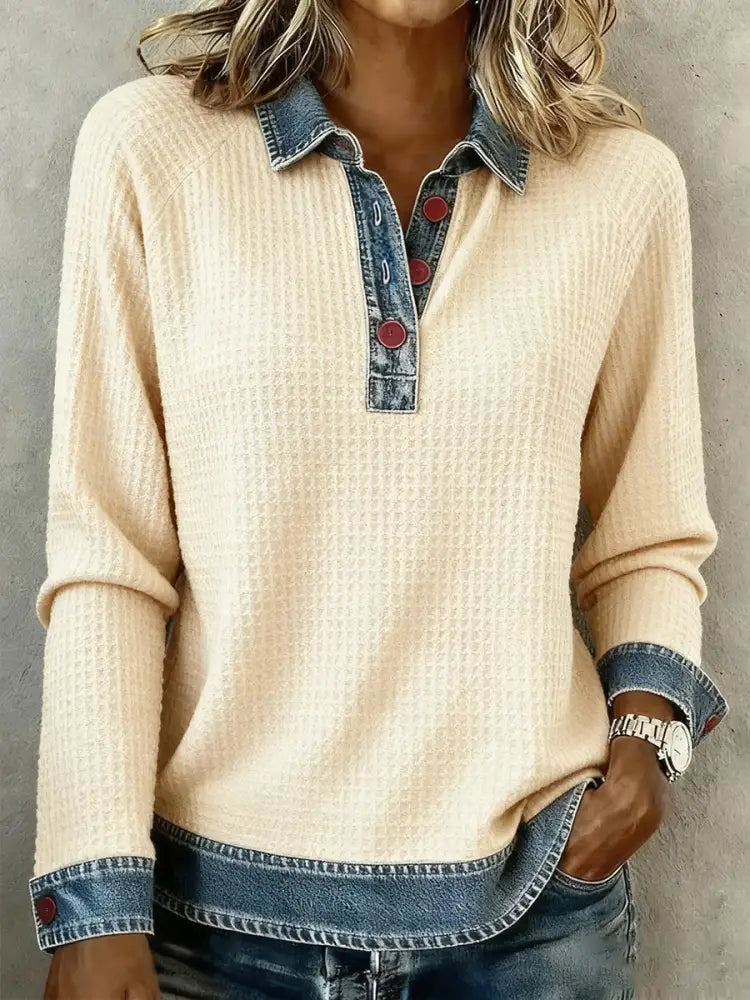Women’s Simple Patchwork Design Cozy Top Apricot / S