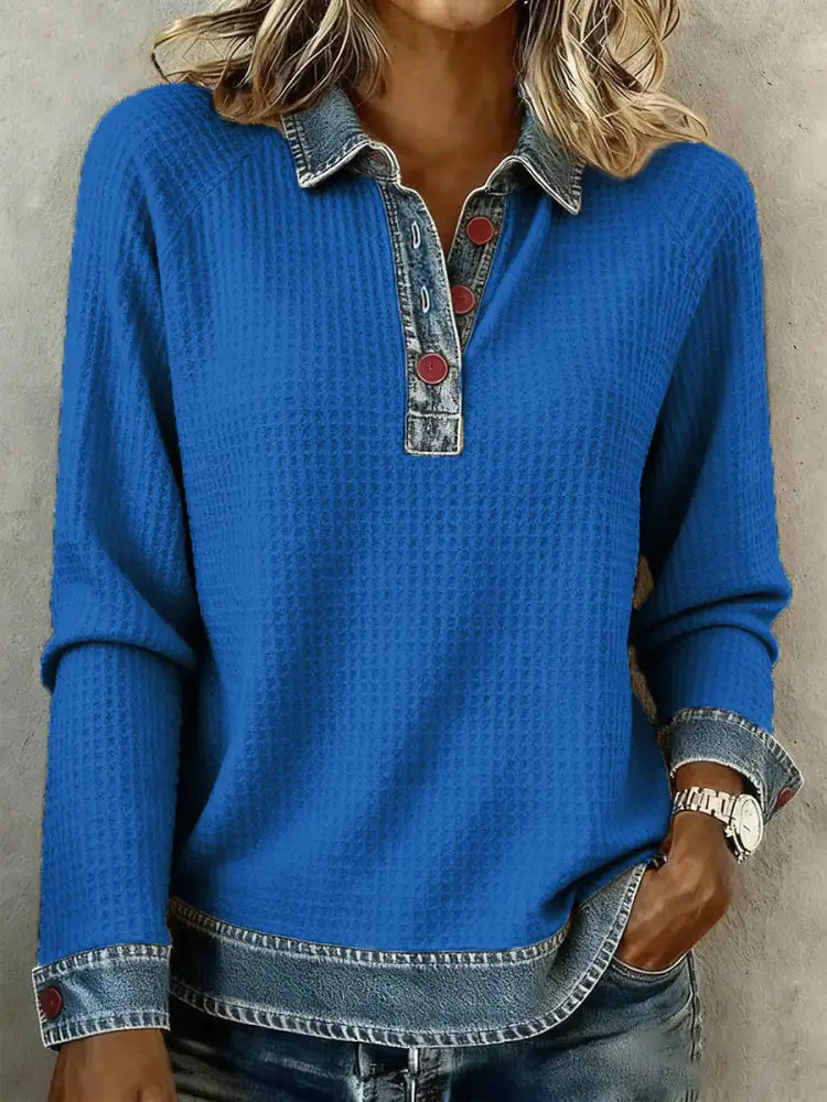 Women’s Simple Patchwork Design Cozy Top Blue / S