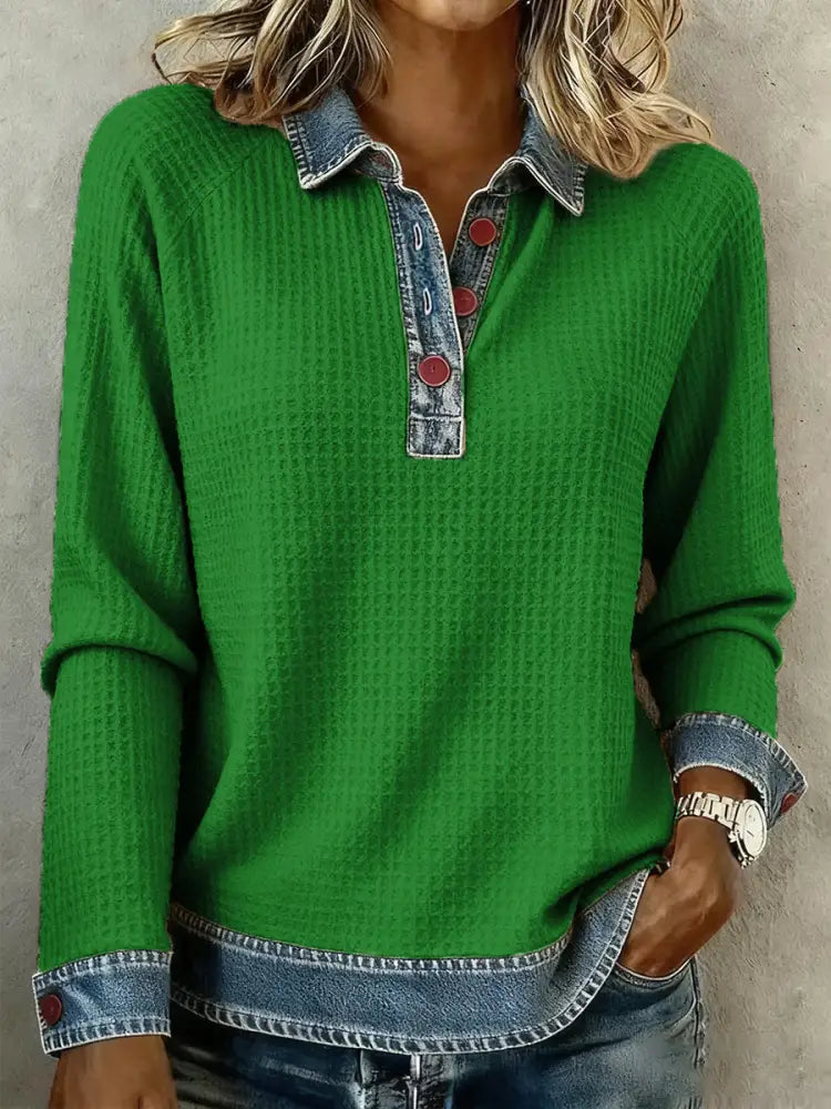 Women’s Simple Patchwork Design Cozy Top Green / S