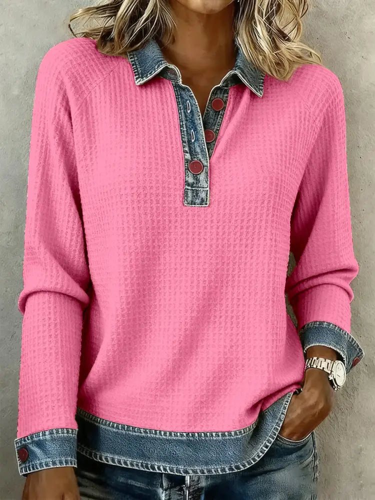 Women’s Simple Patchwork Design Cozy Top Pink / S