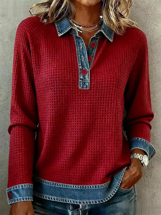 Women’s Simple Patchwork Design Cozy Top Red / S