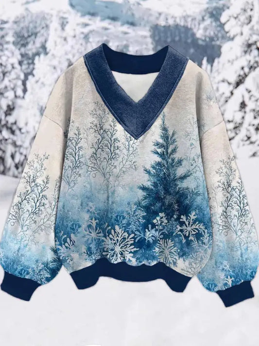 Women’s Snowflake Christmas Tree Print V Neck Sweatshirt As picture / S