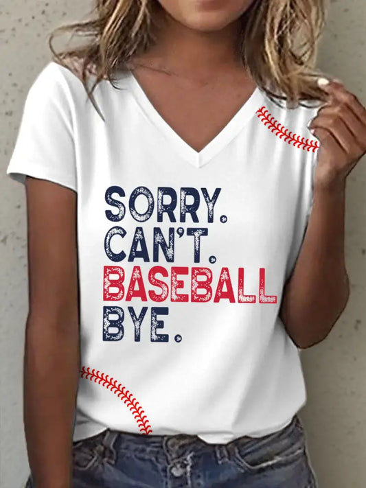 Women’s Sorry Can’t Baseball Bye Print V-Neck T-Shirt White / S