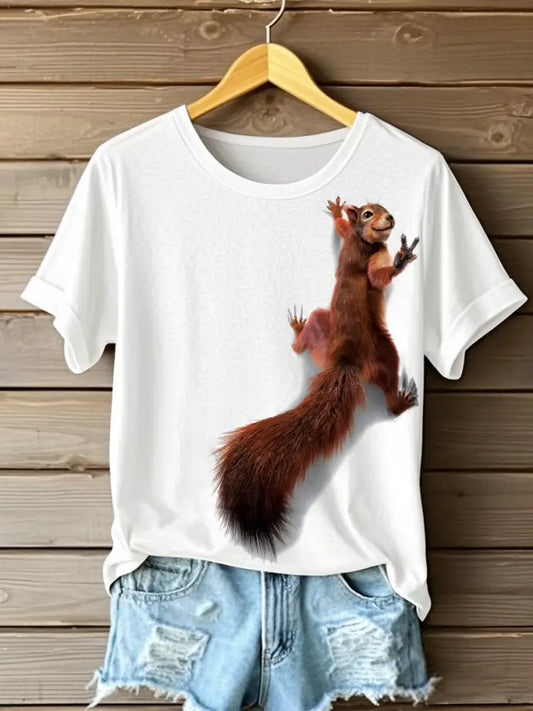 Women’s squirrel print casual T-shirts White / S