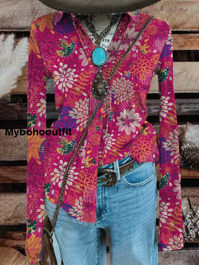 Women’s Stylish Elegant Art Floral Print V-Neck Long Sleeve Button Top A / S