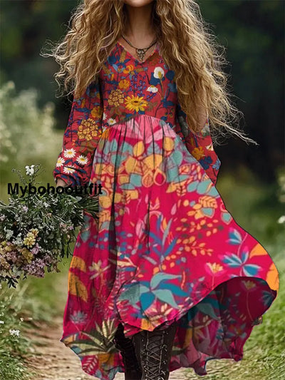 Women’s Stylish Elegant Art Floral Print V-Neck Long Sleeve Dress A / S