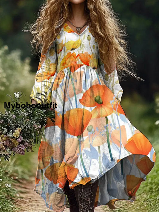 Women’s Stylish Elegant Art Floral Print V-Neck Long Sleeve Dress A / S