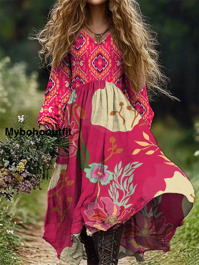 Women’s Stylish Elegant Art Floral Print V-Neck Long Sleeve Dress A / S