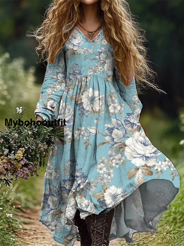 Women’s Stylish Elegant Art Floral Print V-Neck Long Sleeve Dress A / S