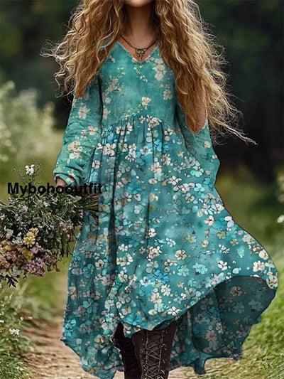 Women’s Stylish Elegant Art Floral Print V-Neck Long Sleeve Dress A / S